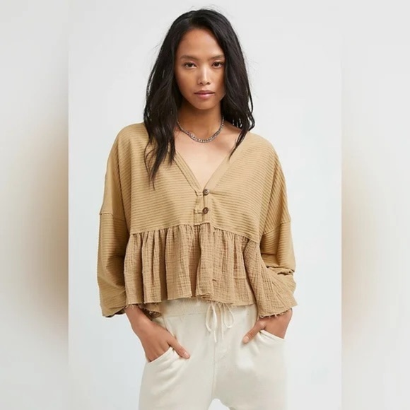Free People Wo Dallas Crop Henley Top In Native Land Size Small - Picture 1 of 4
